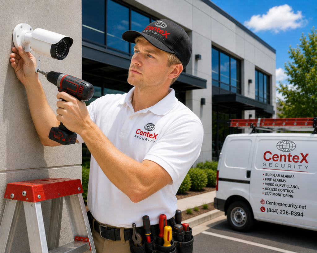 Centex Security technician installing a commercial security camera outside a business
