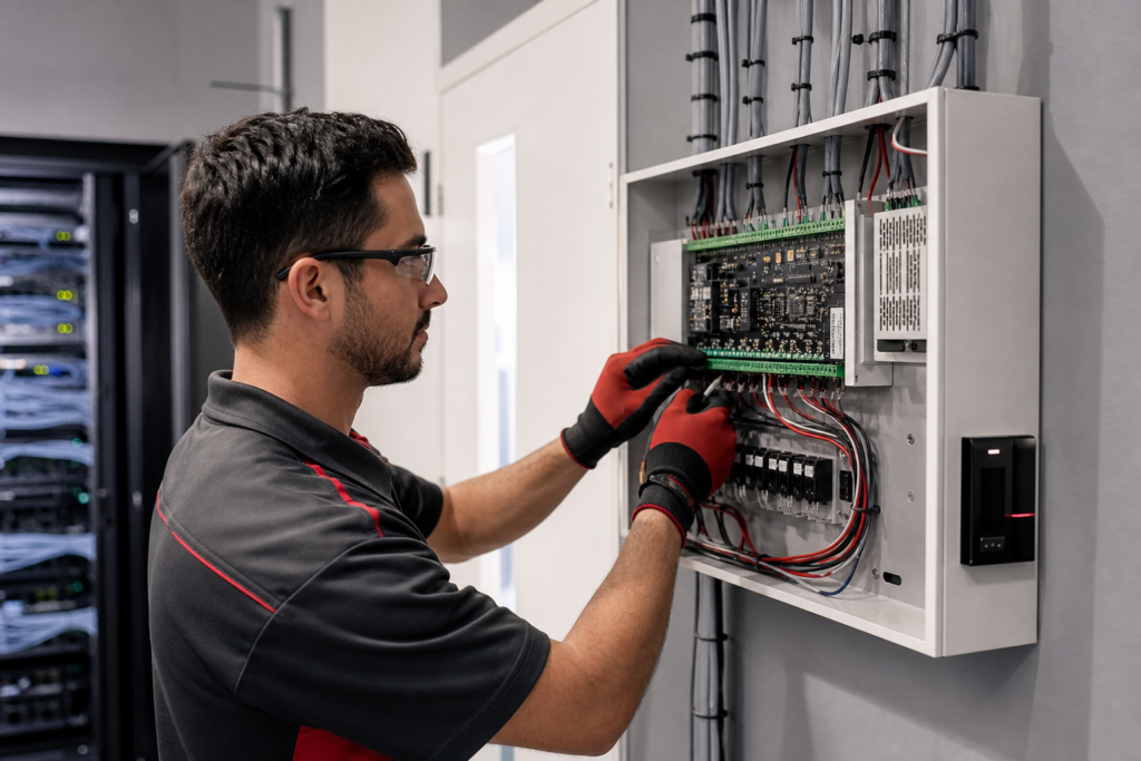 Security technician installing a commercial access-control panel with organized wiring