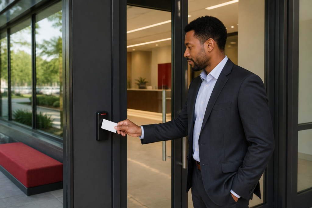 Business professional using a key card at a commercial office access-control reader
