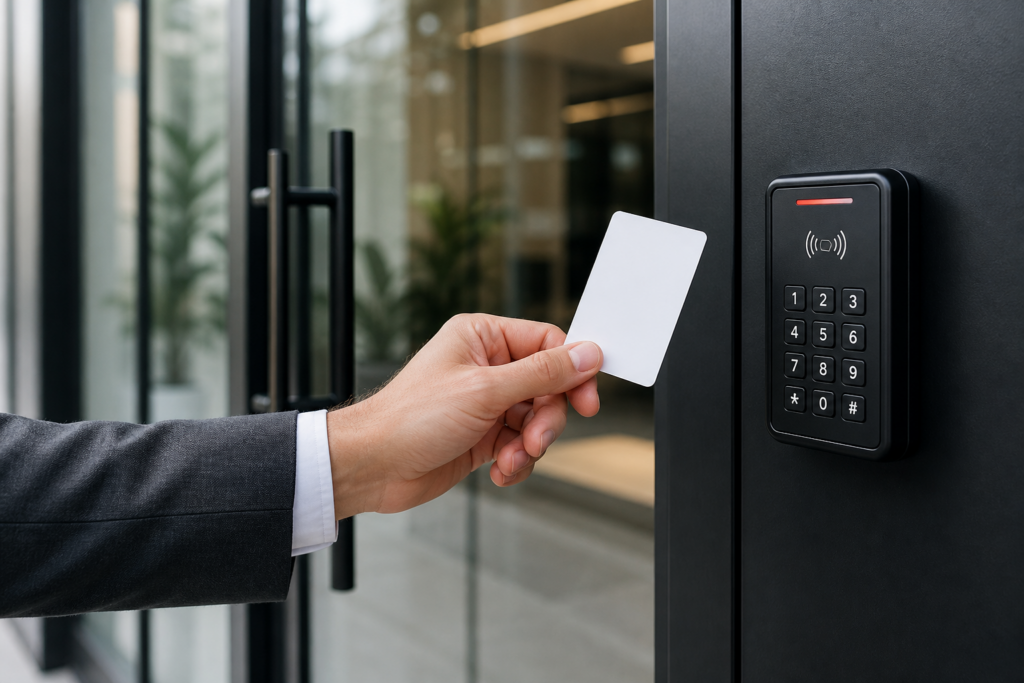 Hand presenting an access card to a commercial keypad and card reader beside a glass office door