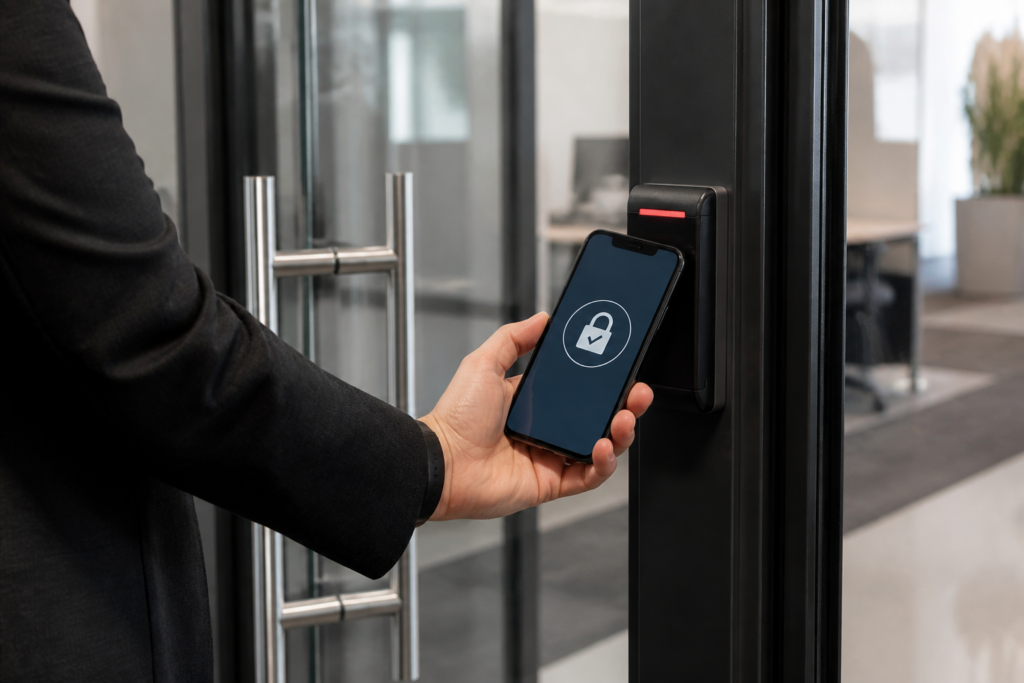 Employee using a mobile credential at a glass office door access-control reader