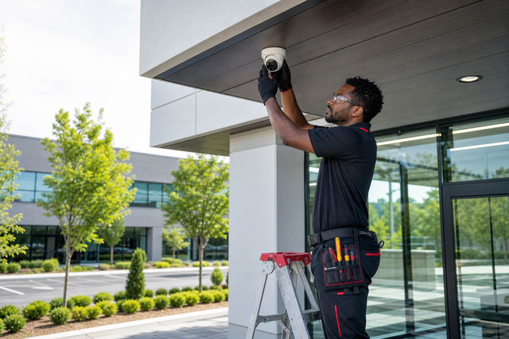 Technician installing a modern commercial security camera at an Atlanta-area business