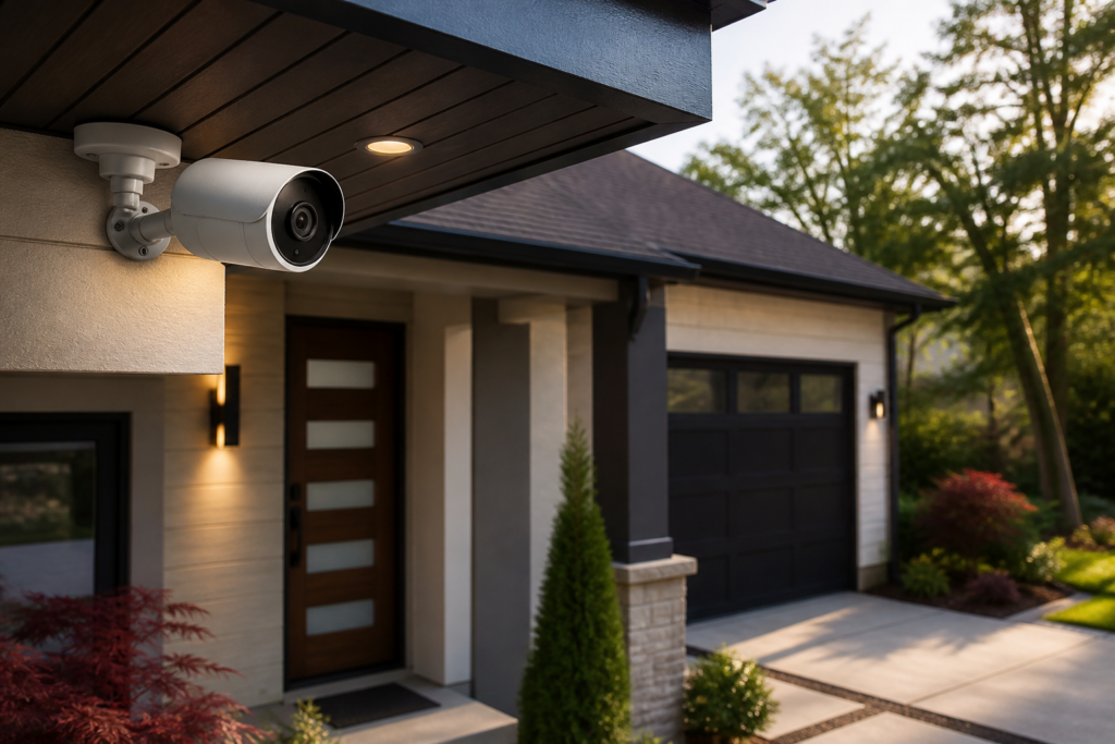 Modern outdoor security camera protecting a residential entrance and driveway