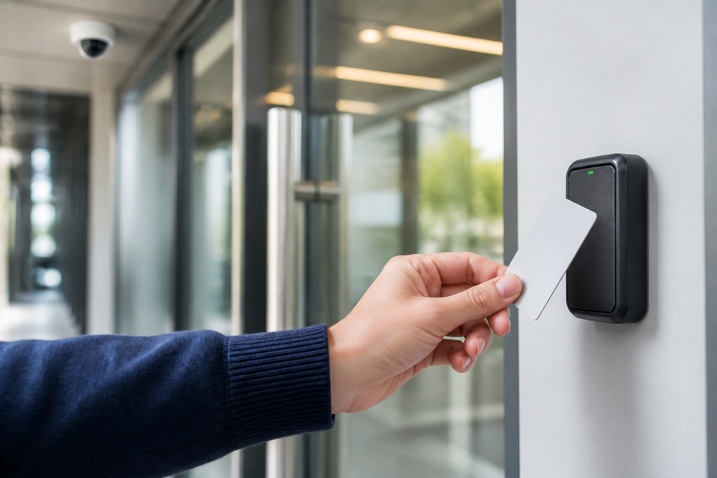 Employee using a key card at a commercial access-control reader