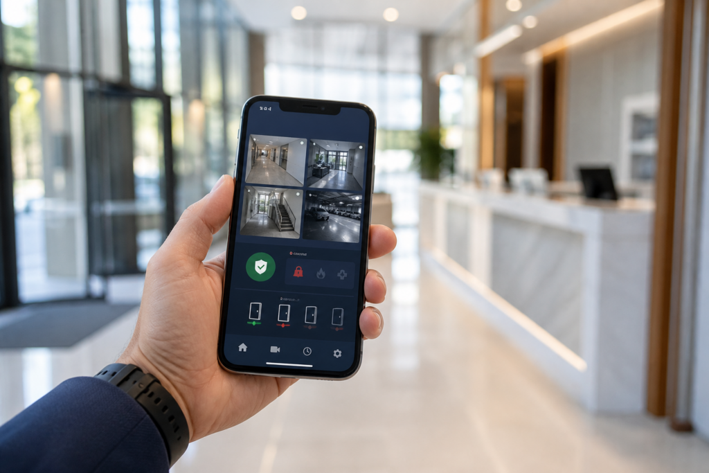 Mobile app displaying commercial security cameras and system status