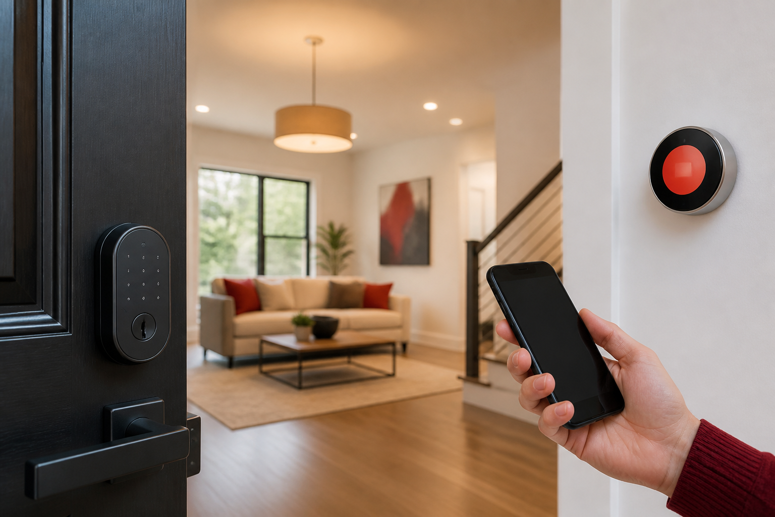 Smart lock, smart thermostat and connected lighting controlled from a mobile phone