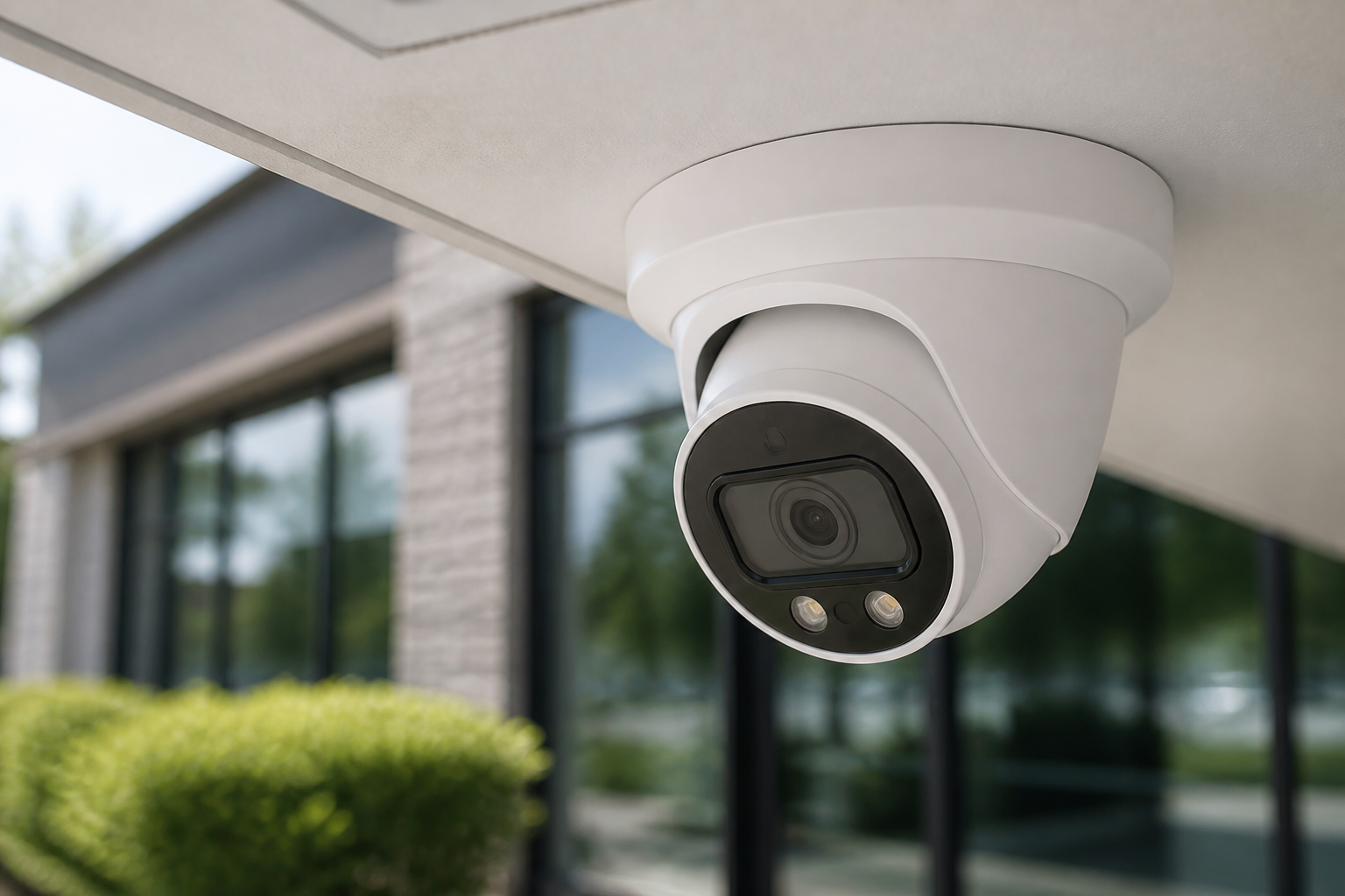Close-up of a modern professionally mounted security camera