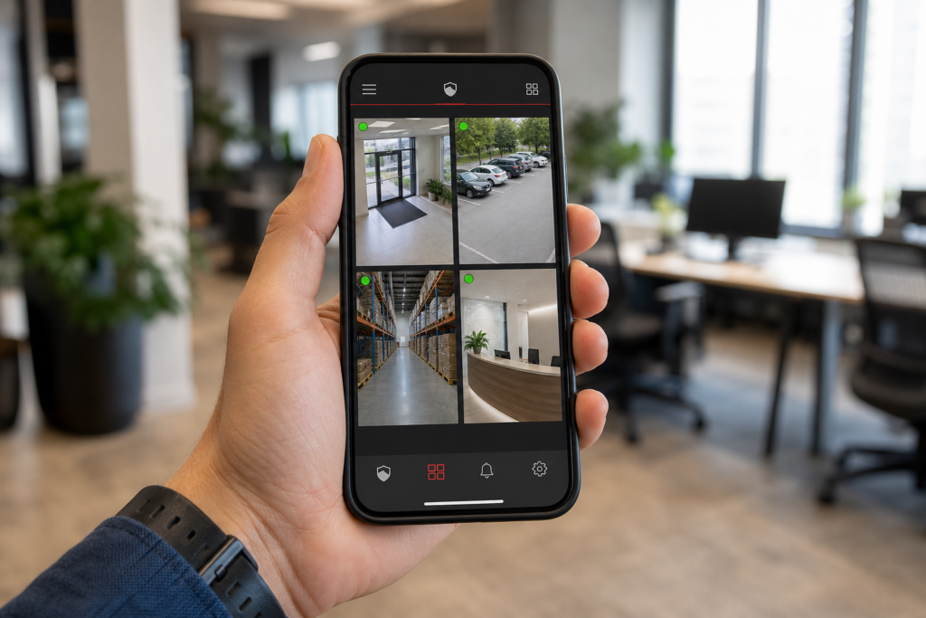 Mobile security camera app displaying live views of a business entrance, parking area, warehouse and reception desk
