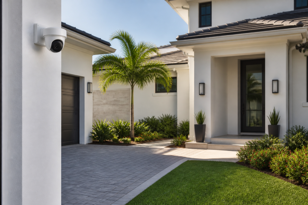 Modern outdoor security camera protecting a South Florida home