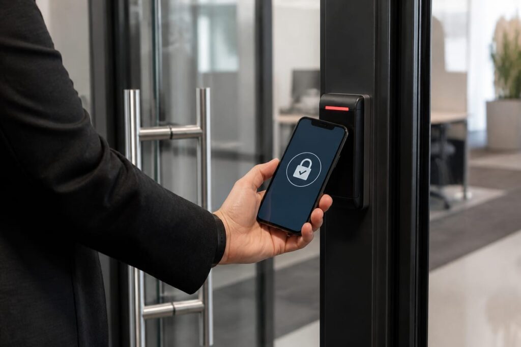 access-control-mobile-credential-optimized Employee using a mobile credential at a glass office door access-control reader