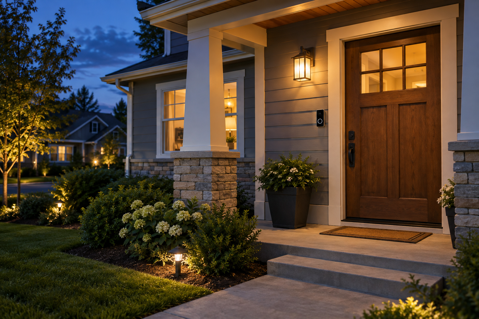 Home entrance with a video doorbell at dusk