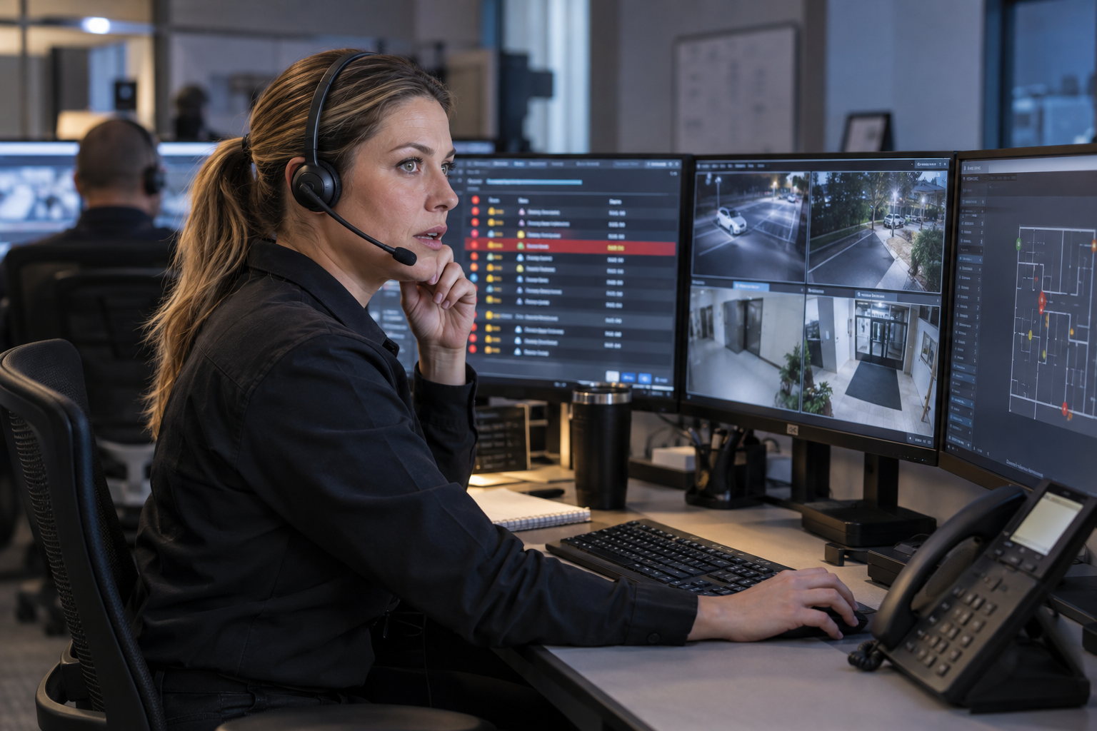 Professional alarm monitoring operator at a workstation