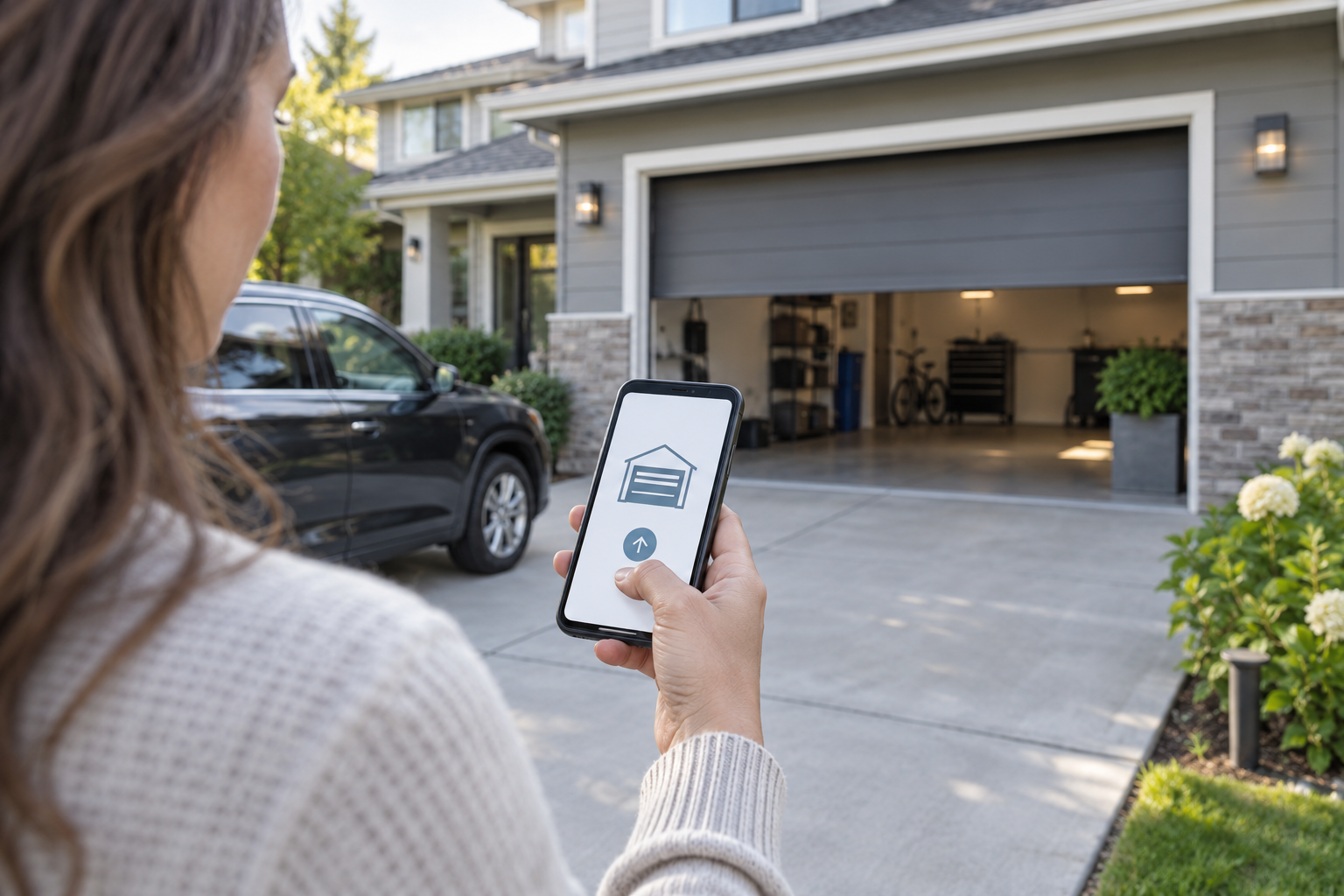 Homeowner controlling a garage door using a smartphone