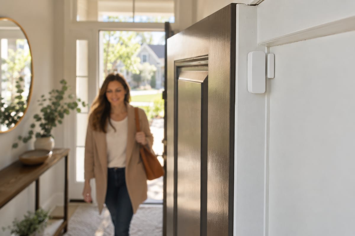 Home alarm contact sensor beside a front door