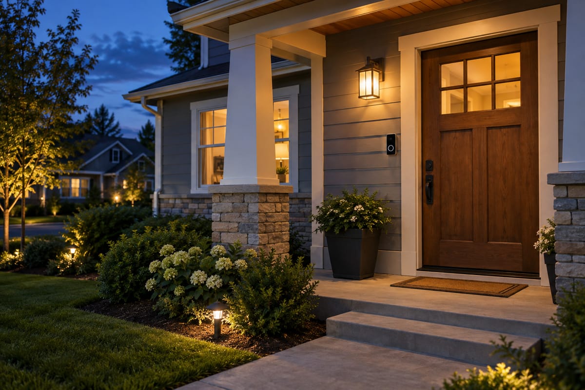 Home entrance with a video doorbell at dusk