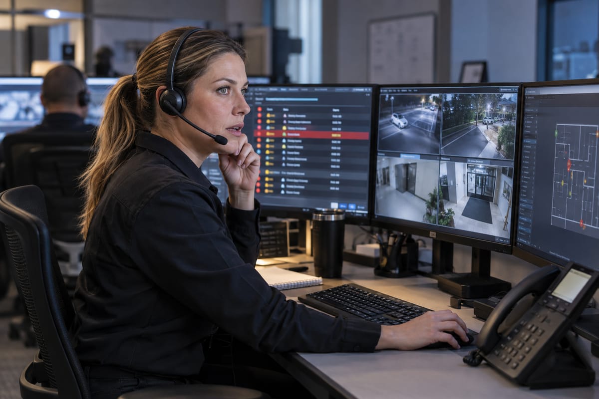 Professional alarm monitoring operator at a workstation